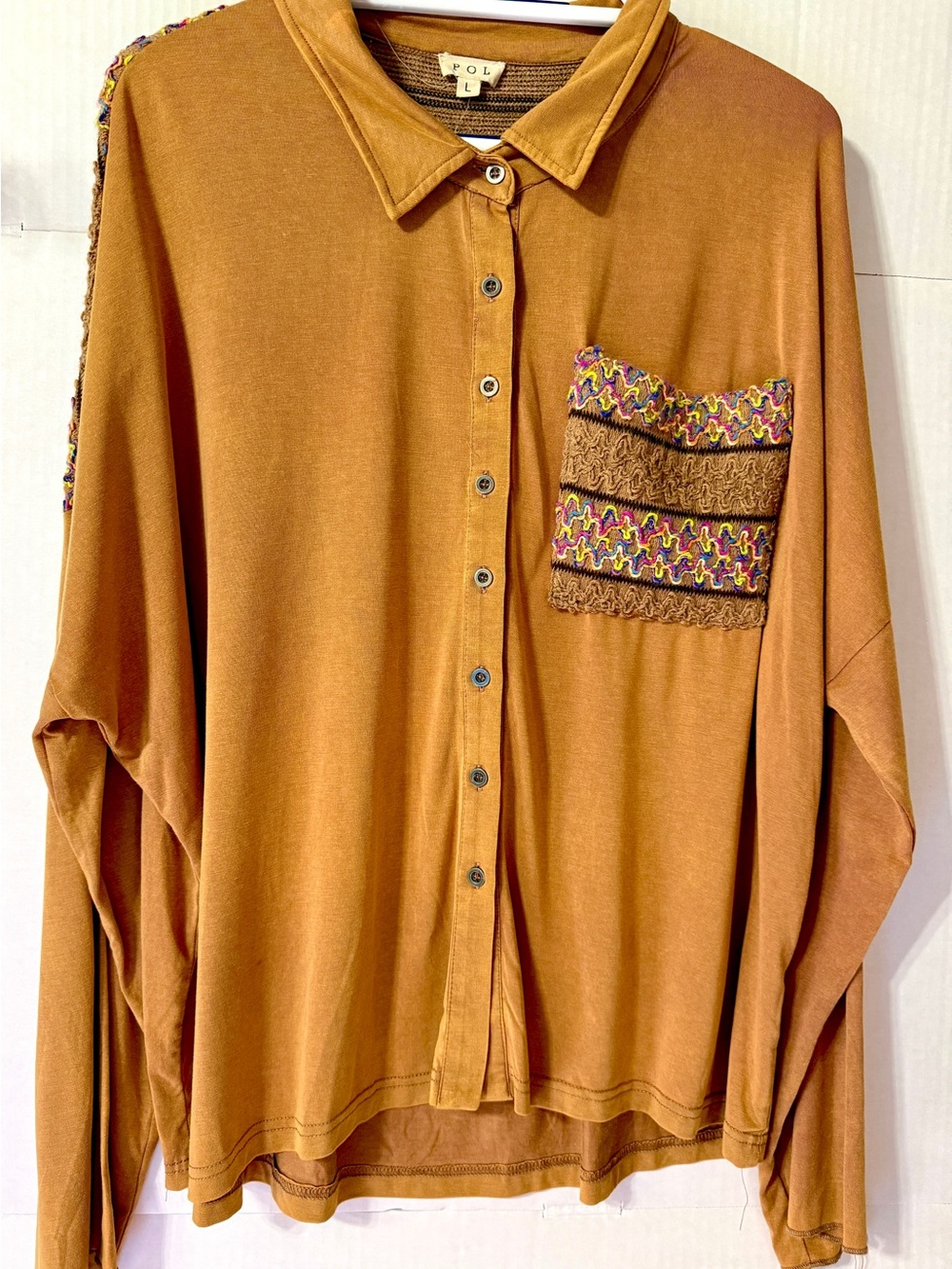 POL Oversizex Lightweight Button-Up Shirt in Camel and Embroidered Size L